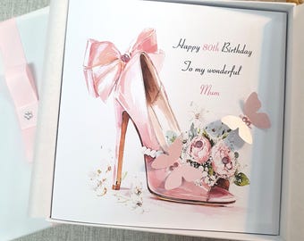 Handmade Personalised Luxury Birthday Card for Her with Box or Envelope Pink Floral Shoe