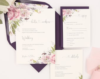 Sage Green Wedding Invitation Boho Floral Wedding Invitation Katie Sage /& Mauve Suite Deposit