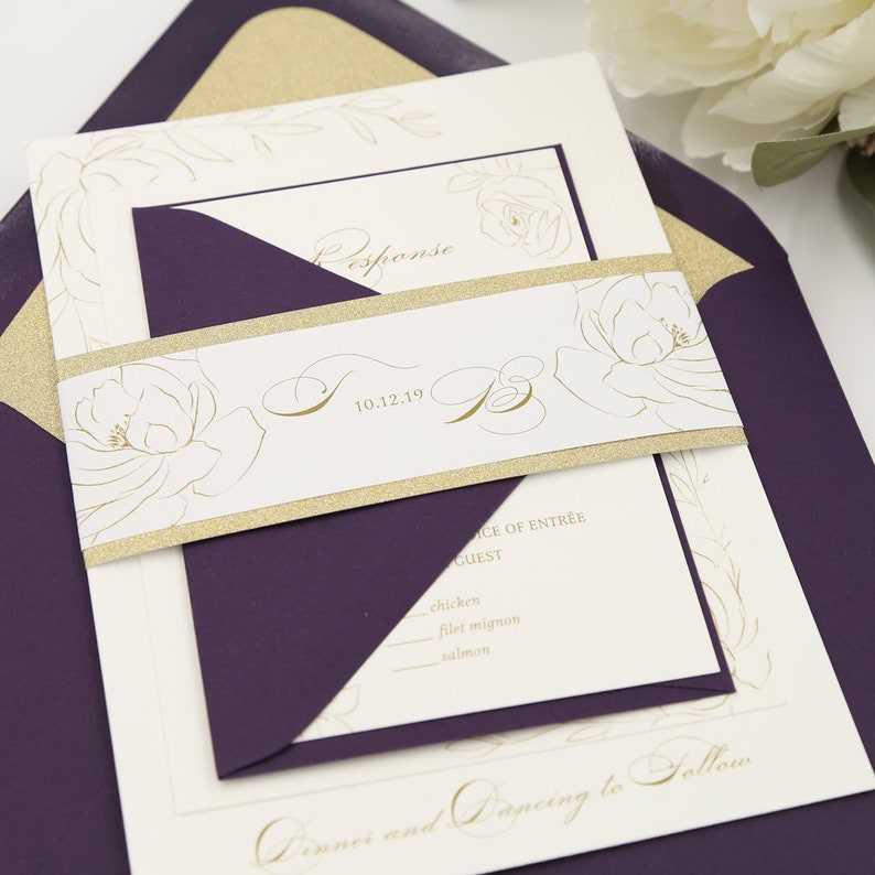 Purple Wedding Invitation for an Elegant Plum and Gold Wedding Thea Plum Gold Glitter Suite Deposit