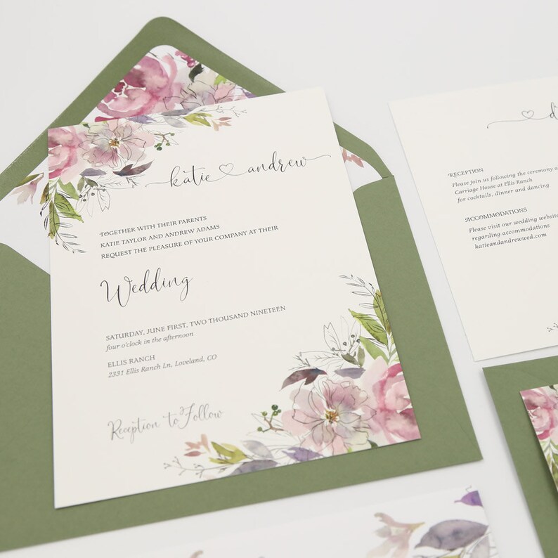 Sage Green Wedding Invitation Boho Floral Wedding Invitation Katie Sage /& Mauve Suite Deposit