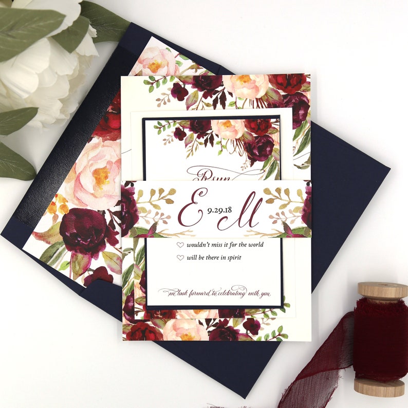 Navy and Burgundy Wedding Invitations Fall Wedding Etsy