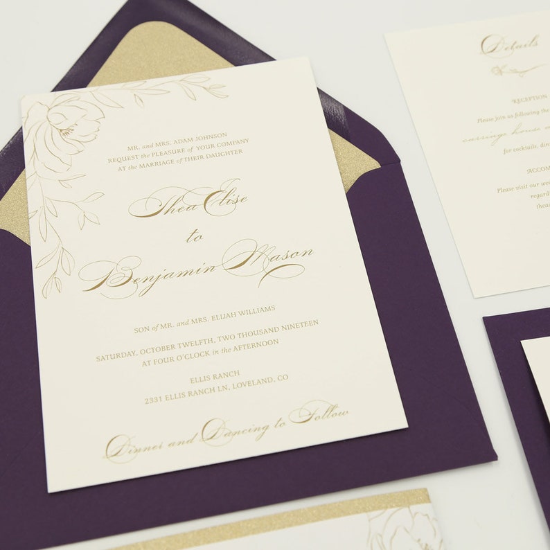 Purple Wedding Invitation for an Elegant Plum and Gold Wedding Thea Plum Gold Glitter Suite Deposit