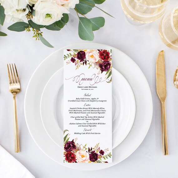 Fall Wedding Menu Burgundy Blush Wedding Menus Rustic Etsy