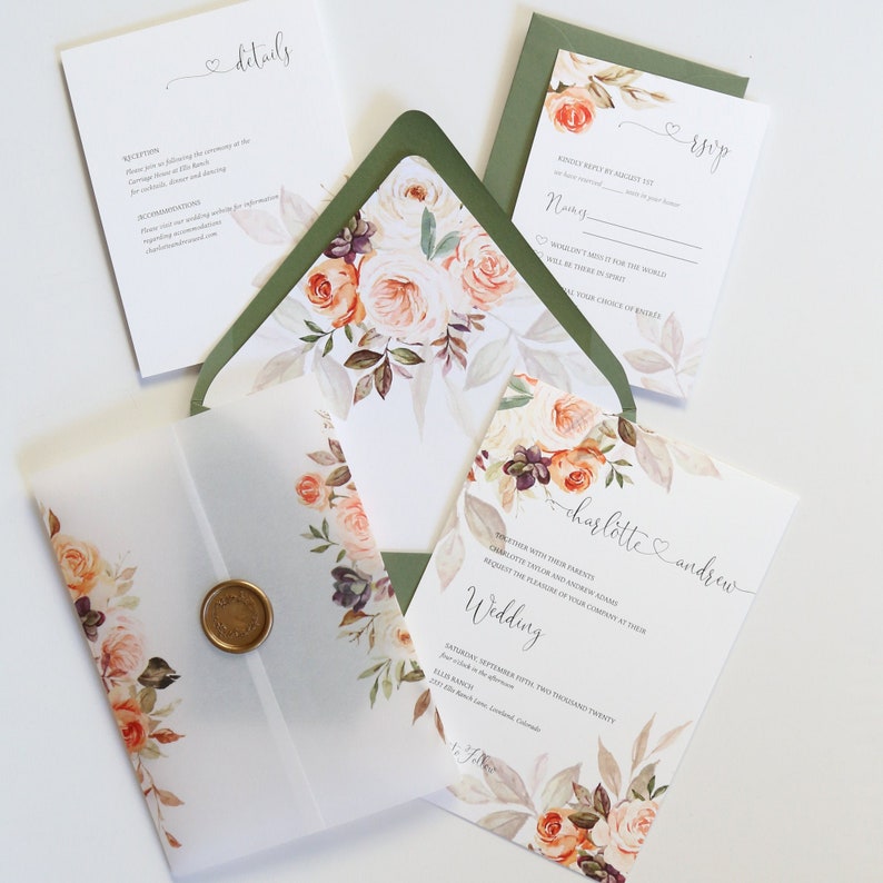 Sage Green Wedding Invitation Boho Floral Wedding Invitation Katie Sage /& Mauve Suite Deposit