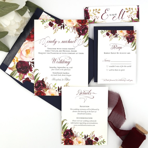 Navy and Burgundy Wedding Invitations Fall Wedding Etsy