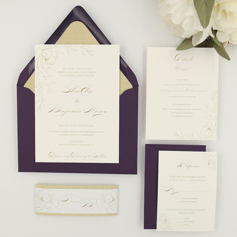 Purple Wedding Invitation for an Elegant Plum and Gold Wedding Thea Plum Gold Glitter Suite Deposit