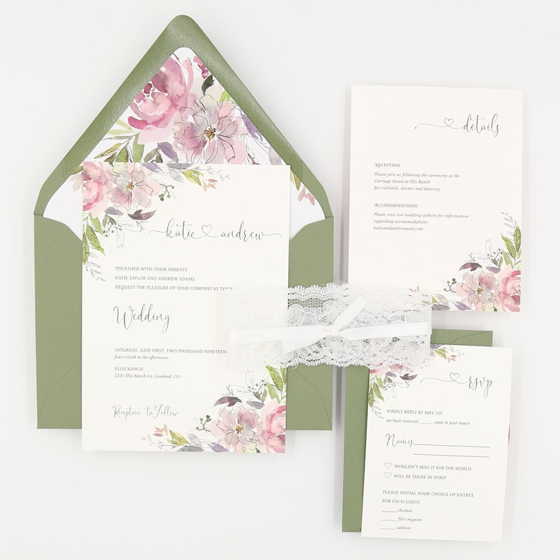 Sage Green Wedding Invitation Boho Floral Wedding Invitation Katie Sage /& Mauve Suite Deposit