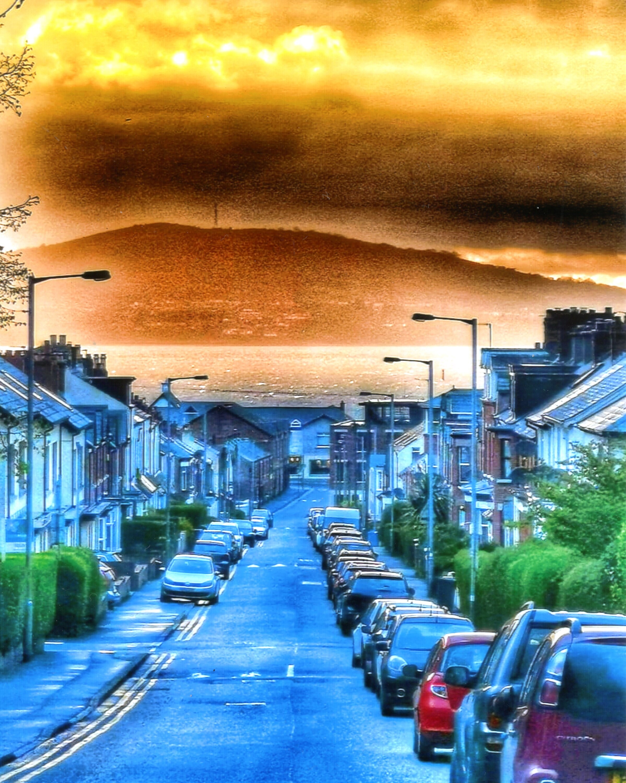 SUNSET OVER DOWNSHIRE road in Holywood, Co.Down, N. Ireland.   30.00  mounted   12 by 14 inches.