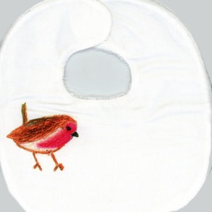 May include: White baby bib with an embroidered red robin bird design.