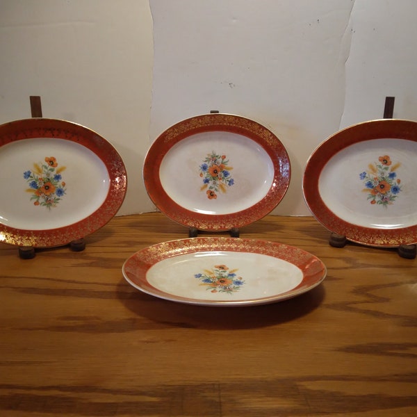 Vintage Century by Salem Set of 4 Oval Plates 8.25" x 6.5" MCM 22k Gold Filigree Floral Center