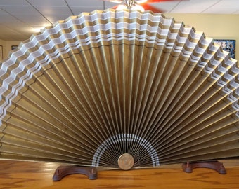 Vintage Fireplace Fan Decorative Screen Reversible MCM Large 38" Air Line Mfg Gold Yellow