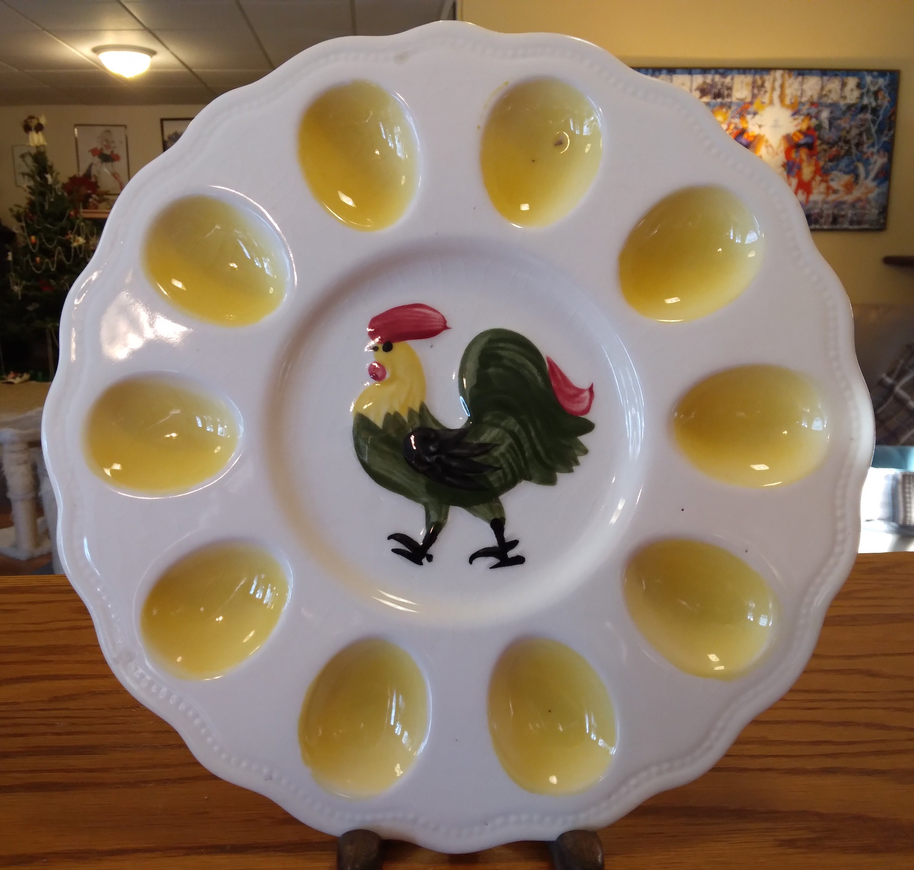 Platters Vintage Deviled Egg Plate Hand Painted Rooster Ceramic