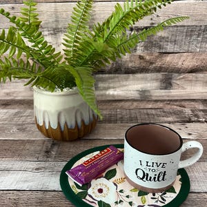 Mug Rug,  Oval, Reversible in a Beautiful Soft Pink and Green floral print on a  Pink background. #1  St/4