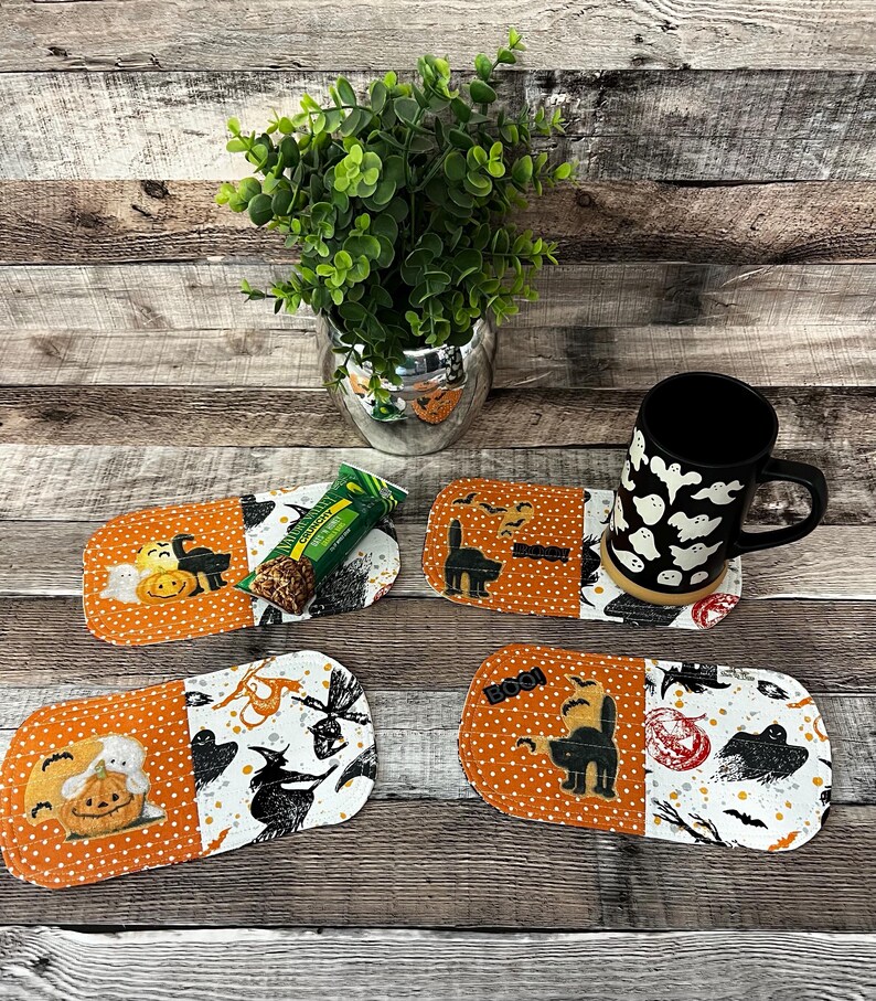 Mug Rug, Rectangular, Reversible Halloween Witches, Black Cats, Ghosts ...