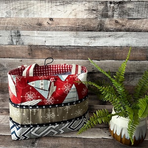 Bag, Tote Sail Boat Print in Red, Dark Blue and Taupe colors.