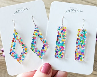 Rainbow Polka Dot Bar Earrings, Colorful Acrylic Earrings, Party Dot Earrings, Colorful Statement Earrings, Acrylic Bar or Teardrop Earrings
