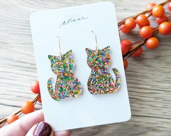 Colorful Confetti Cat Earrings, Cat Lover Acrylic Earrings, Kitten Glitter Earrings, Statement Earrings, Cat Mom Earrings