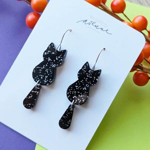 Black Cat Glitter Earrings, Black Cat and Tail Acrylic Earrings, Halloween Themed Cat Earrings, Coffin Shaped Black Acrylic Earrings