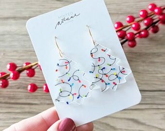 Tangled Light Christmas Tree Earrings, Clear Acrylic Christmas Tree Earrings, Mini Christmas Light Bulb Pattern Tree Earrings