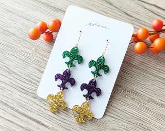 Stacked Fleur De Lis Acrylic Earrings, Mardi Gras Theme Earrings, Stacked Fleur De Lis Earrings, Fleur De Lis Glitter Mardi Gras Earrings