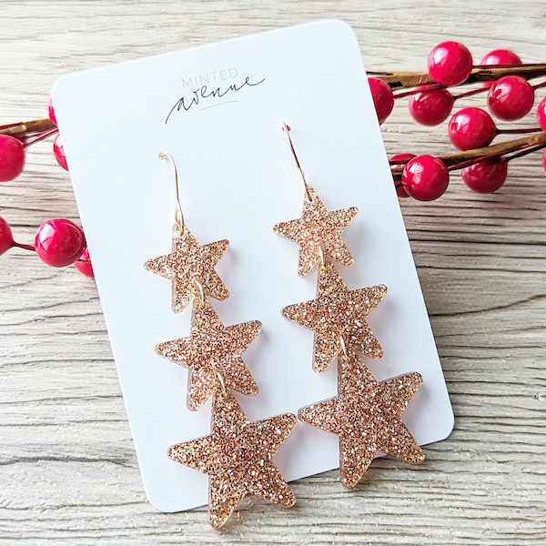 Champagne Glitter Stacked Star Earrings, Gold Glitter Tiered Star Earrings, Triple Star Glitter Earrings, Holiday Party Earrings