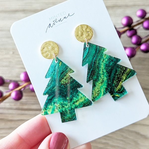 Green Swirled Christmas Tree Earrings, Acrylic Tree Holiday Earrings, Green Tree Christmas Earrings, Christmas Tree Statement Earrings