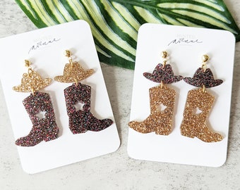 Cowgirl Boots Glitter Acrylic Earrings, Cowboy Acrylic Glitter Earrings, Western Boot Acrylic Statement Earrings, Champagne Glitter