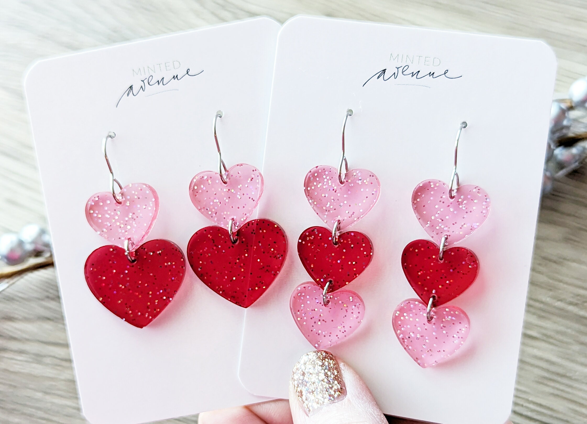Tinted Glitter Heart Earrings Double Heart Earrings Stacked