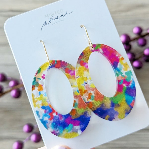 Sponged Paint Acrylic Hoop Earrings, Colorful Paint Oval Earrings, Bright Sponged Paint Oval Earrings, Cut out Oval Shape