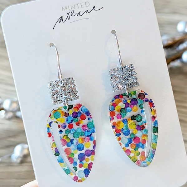 Rainbow Polka Dot Bulb Earrings, Christmas Lightbulb Acrylic Earrings, Rainbow Confetti Tree Light Earrings, Bright Polka Dot Earrings