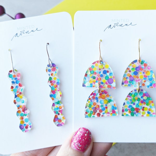 Rainbow Polka Dot Arch Earrings, Bright Acrylic Earrings, Party Dot Earrings, Colorful Statement Earrings, Acrylic Wavy Bar or Arch Earrings
