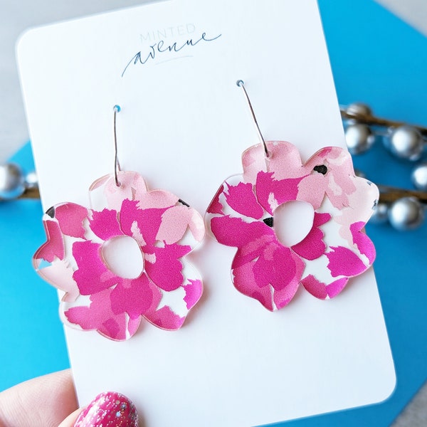 Double Pink Floral Earrings, Acrylic Floral Spring Earrings, Floral Print Acrylic Earrings, Pink Summer Floral Earrings, Mod Flower Shape