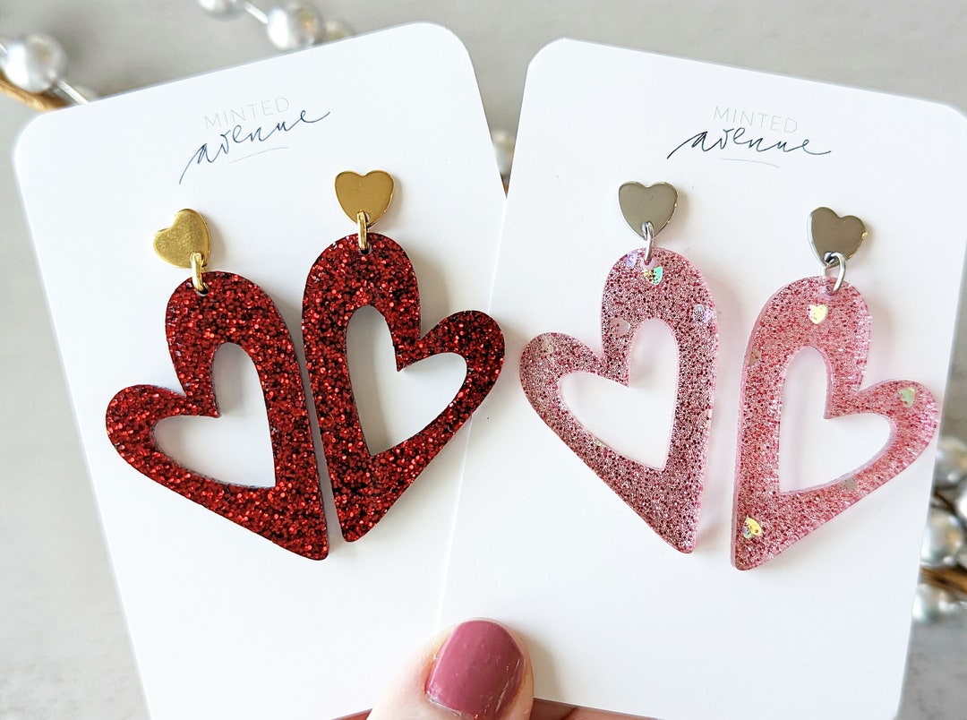Mod Heart Acrylic Earrings, Valentine's Day Earrings, Glitter Heart