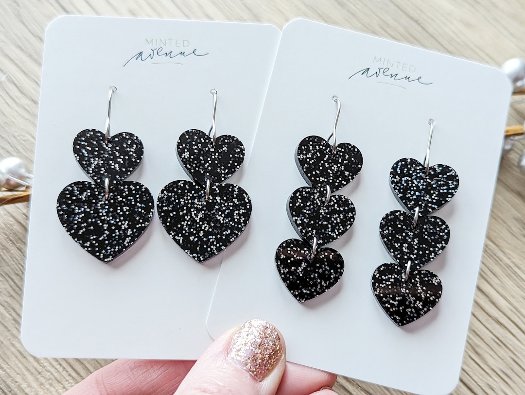 Stacked Black Glitter Heart Earrings Double Heart Earrings Etsy