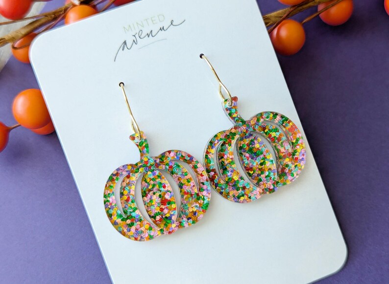 Confetti Pumpkin Glitter Earrings, Acrylic Glitter Pumpkin Earrings