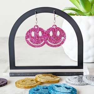 Smile Face Acrylic Earrings, Y2K Dangle Earrings, Fun Earrings for Women, Happy Face Dangles, Gift for Her, Glitter Smile Face Earrings