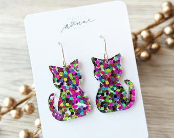 Colorful Cat Glitter Earrings, Cat Lover Acrylic Earrings, Kitten Glitter Earrings, Statement Earrings, Cat Mom Earrings