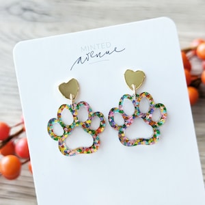 Confetti Acrylic Dog Paw Earrings: Puppy Lover Gift