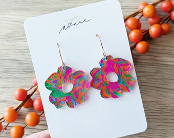 Boho Squiggle Flower Earrings, Retro Statement Earrings, Colorful Acrylic Earrings, Vibrant Summer Acrylic Earrings, Mod Flower Earrings