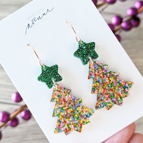 Colorful Confetti Christmas Tree Earrings, Polka Dot Tree Earring, Holiday Tree Earrings, Christmas Statement Earrings, Acrylic Earrings