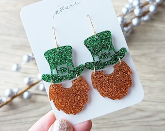 Leprechaun Beard Earrings, St Patrick's Day Theme Earrings, Leprechaun and Beard Earrings, Glitter St Patrick Theme Earrings