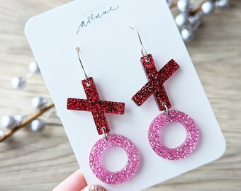 XOXO Glitter Acrylic Earrings, Valentine Theme Glitter Earrings, Glitter Letter Earrings, Love Theme Valentine Earrings