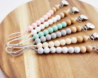 Silicone Pacifier Clip, Binky Clip, Paci Clip, Soother Clip, Binkie Clip, Silicone and Beech Wood Combo Clip