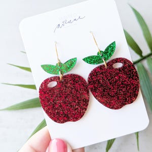 Acrylic Glitter Apple Shaped Earrings, Dark Red Acrylic Apple Earrings, Teacher Appreciation Gift, Red Apple Earrings