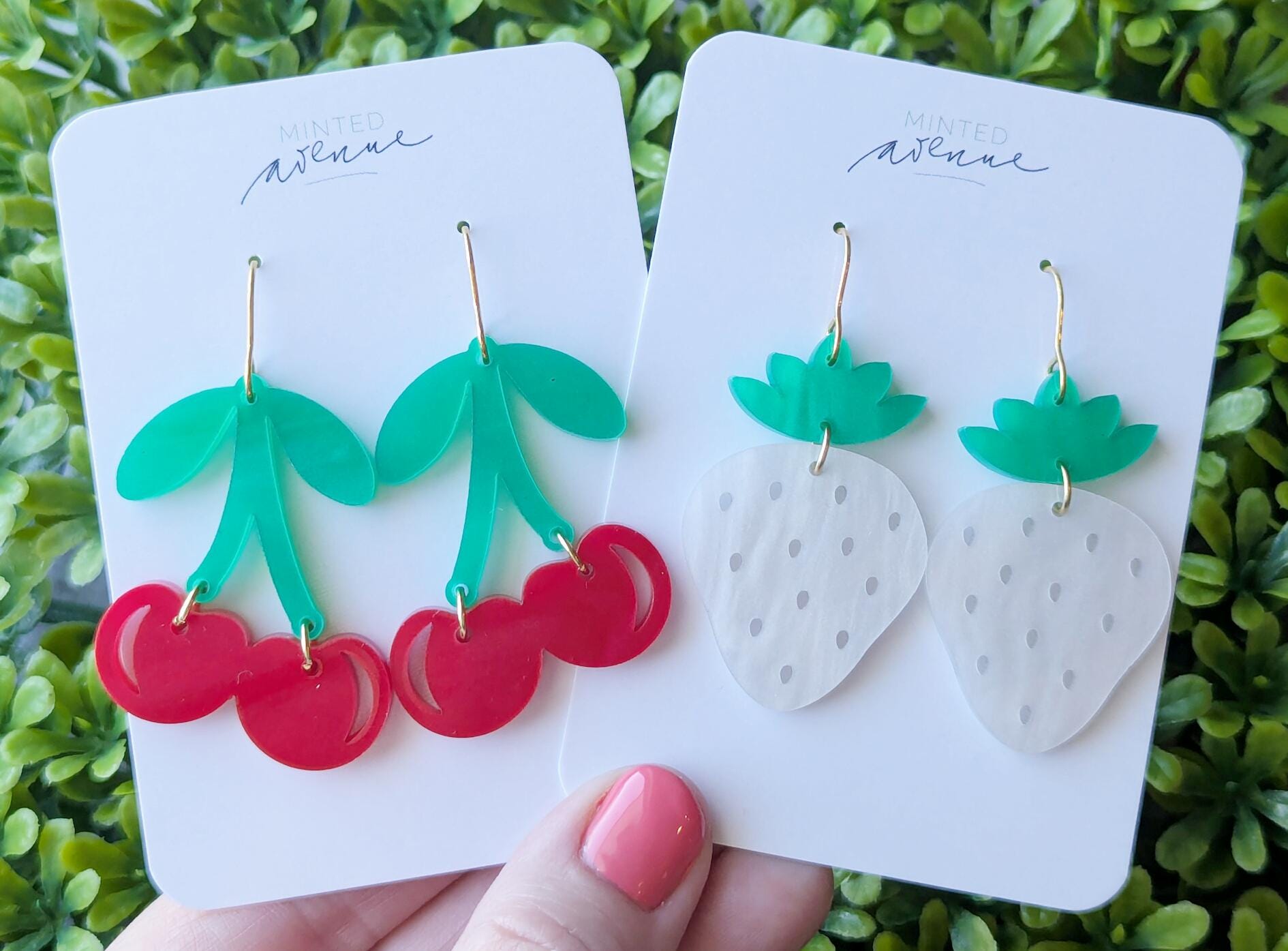 White Strawberry Earrings, Red Cherry Earrings, Acrylic Fruit Theme Earrings, Acrylic Cherries or White Strawberries, Dangle Fruit Earrings