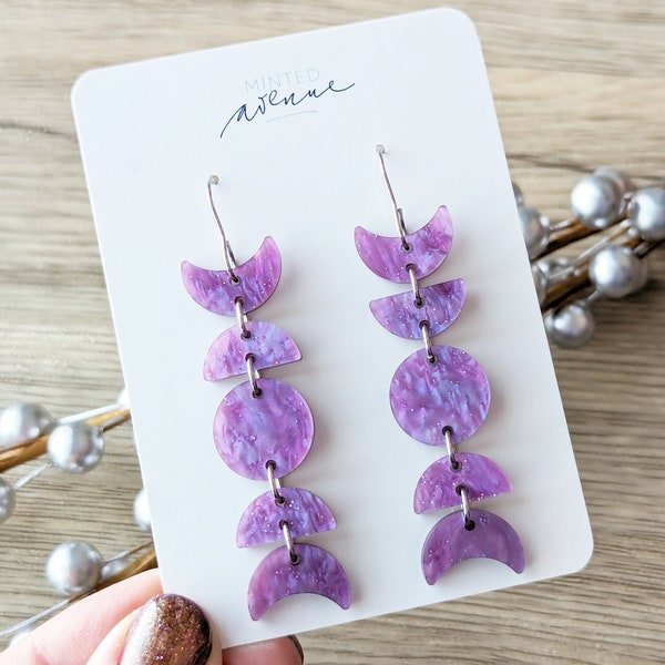 Pearly Purple Moon Phase Earrings, Acrylic Purple Full Moon Phase Earrings, Shiny Purple Moon Dangle Earrings, Celestial Moon Phase Earrings