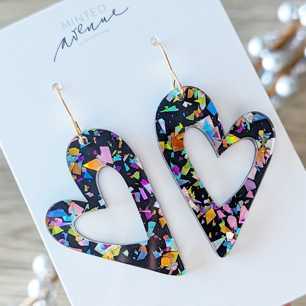 Black Mod Heart Acrylic Earrings, Valentine's Day Earrings, Glitter Heart Earrings, Statement Earrings, Asymmetrical Heart Earrings