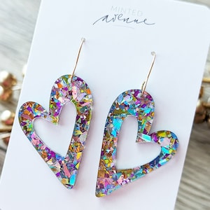 Pastel Confetti Heart Earrings: Chunky Glitter Acrylic Statement Jewelry