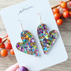 Pastel Confetti Heart Acrylic Earrings, Valentine's Day Earrings, Solid Heart Earrings, Statement Earrings, Asymmetrical Heart Earrings