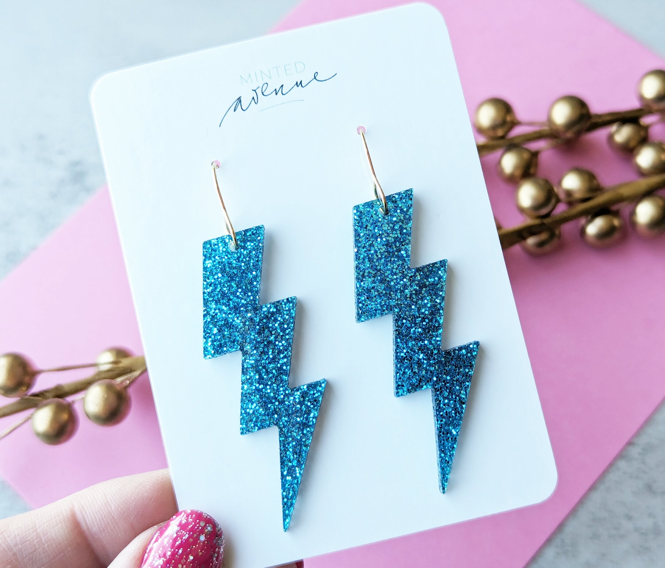 Randans Hot Pink Disco Glitter Feather & Lightning Bolt Earrings Pink – Randans main image 4